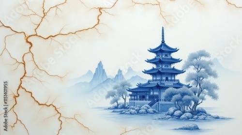 Blue and White Porcelain with Golden Cracks