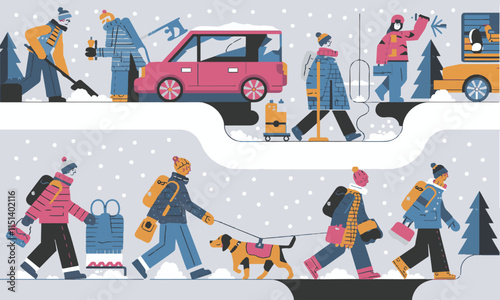 Vector illustration of a snowy park with people engaging in various winter activities, easily editable.