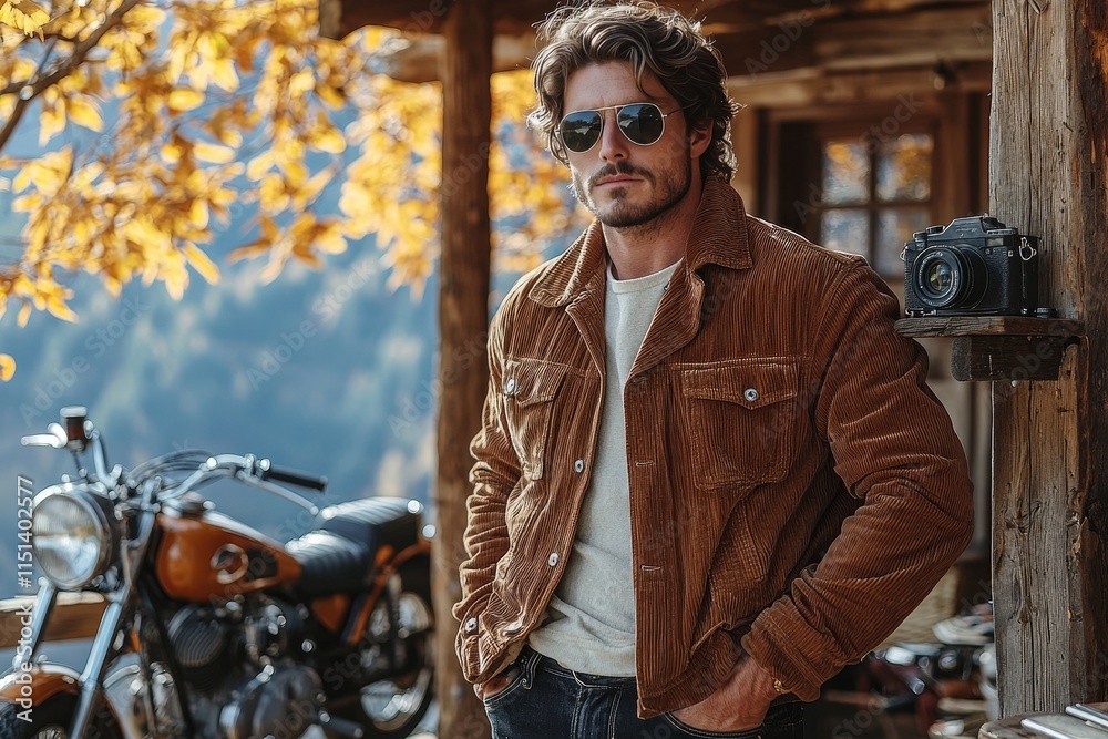 Rugged man in sunglasses posing outdoors with motorcycle and autumn leaves Rugged man in sunglasses posing outdoors with motorcycle and autumn leaves
