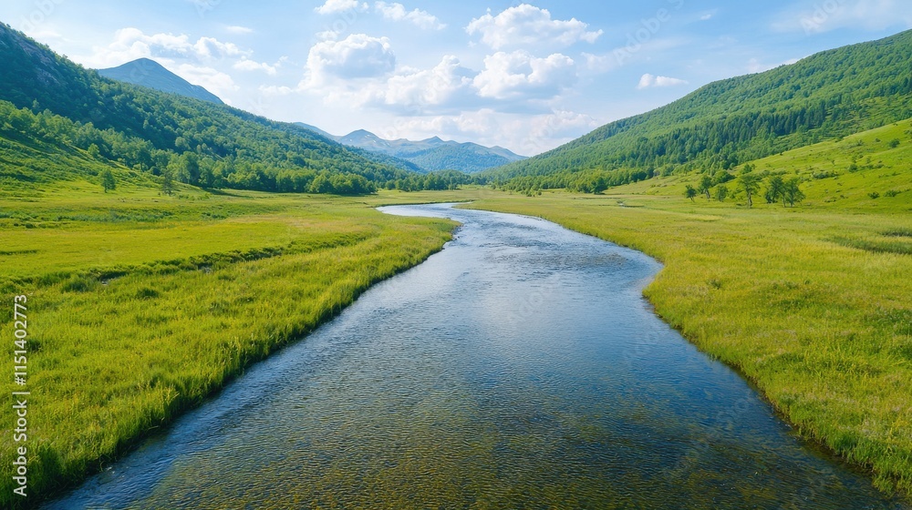 A serene landscape featuring a winding river surrounded by lush green hills under a bright blue sky with scattered clouds. A serene landscape featuring a winding river surrounded by lush green hills under a bright blue sky with scattered clouds.