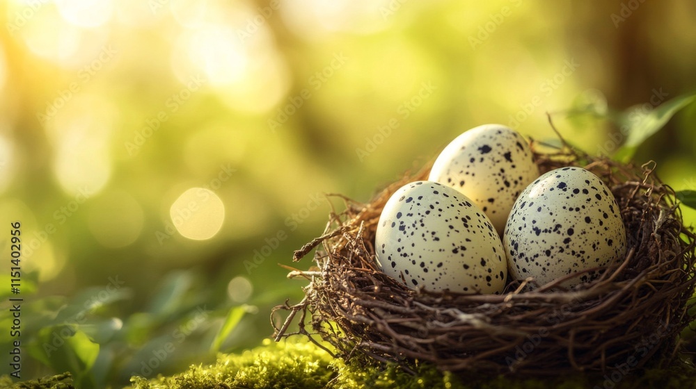 Three speckled eggs rest in a birds nest