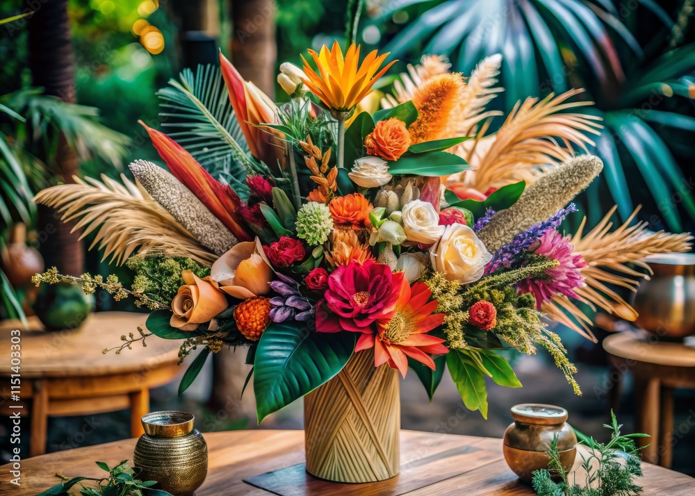 Fototapeta premium Bohemian Wedding Bouquet: Watercolor Tropical Flowers & Palm Leaves Close-Up