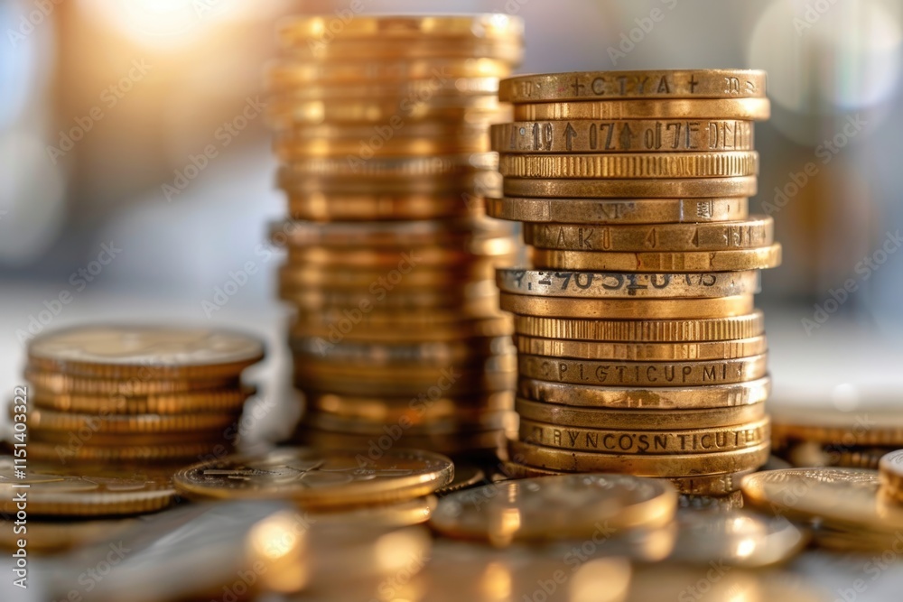 Stacked gold coins with reflected light and blurred background Stacked gold coins with reflected light and blurred background