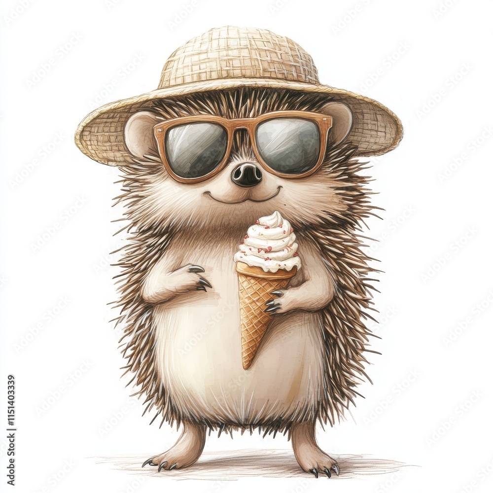 Obraz premium Cute hedgehog wearing sunglasses and a straw hat, enjoying an ice cream cone on a white background