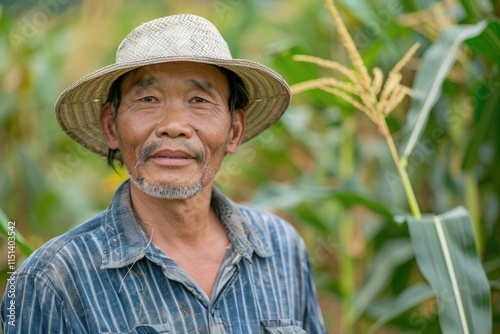 Asian male farmer in straw hat standing in lush cornfield photo