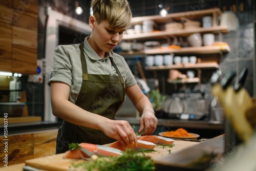 Female chef preparing fresh salmon with herbs in a modern kitchen