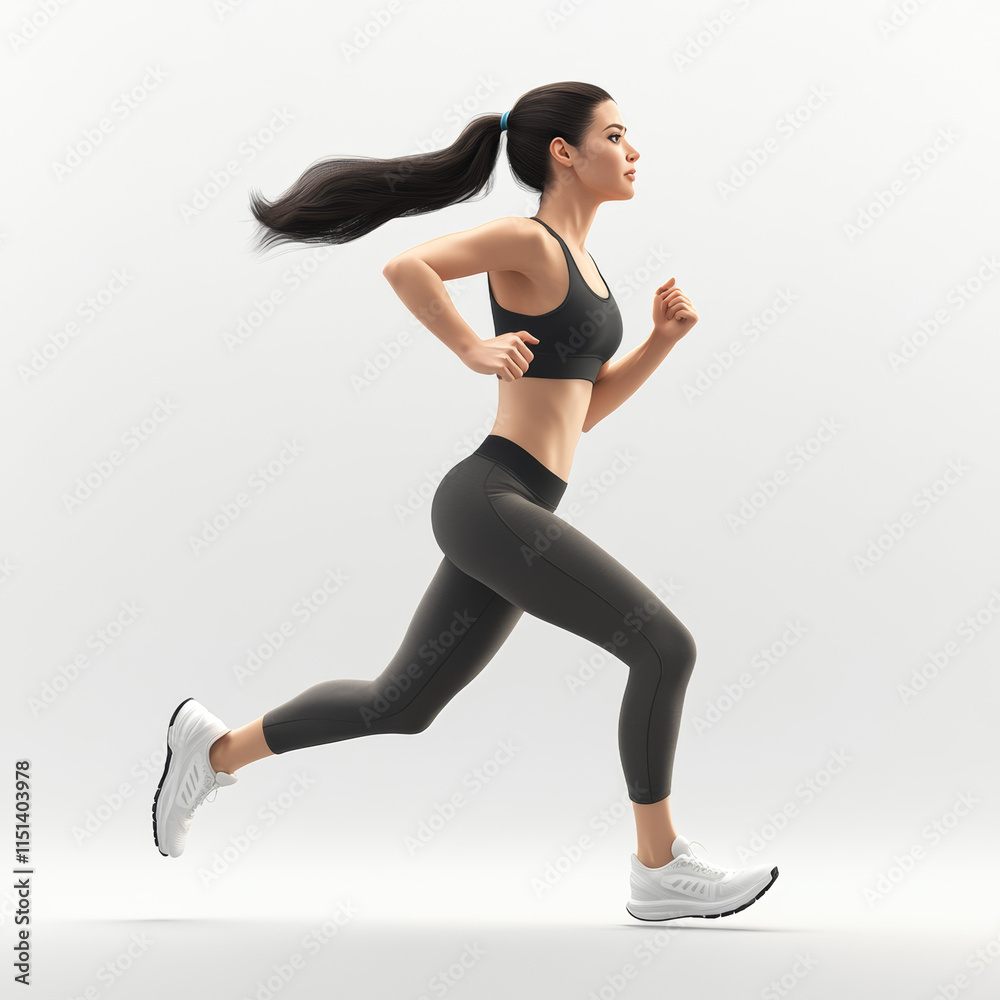 Dynamic Runner: A determined woman in athletic wear, her hair flowing in the wind, propels forward with a powerful stride, showcasing the intensity and grace of a runner in motion. Dynamic Runner: A determined woman in athletic wear, her hair flowing in the wind, propels forward with a powerful stride, showcasing the intensity and grace of a runner in motion.