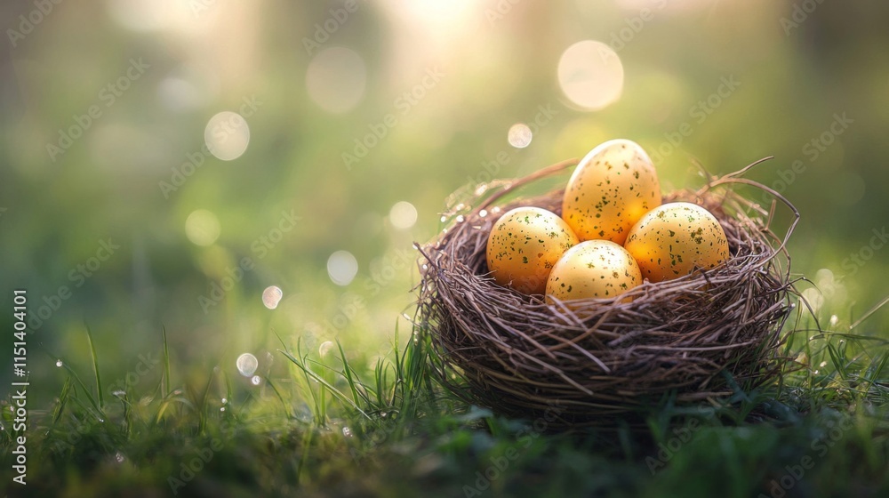 Golden speckled eggs nestled in a birds nest Golden speckled eggs nestled in a birds nest