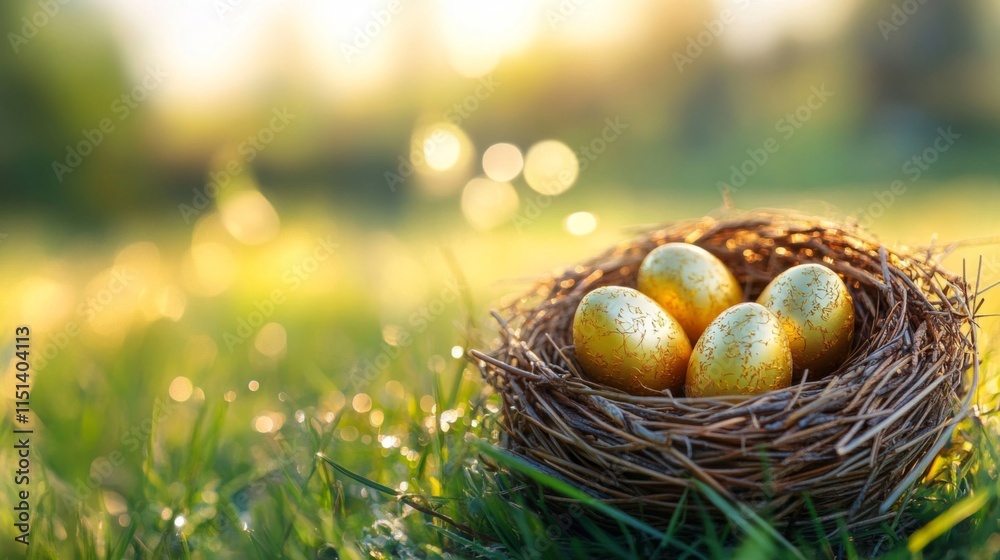 Golden Eggs Nestled In A Birds Nest Outdoors Golden Eggs Nestled In A Birds Nest Outdoors