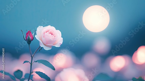 Pastel rose concept. A beautiful pink rose blooms under a serene moonlit backdrop, exuding tranquility. photo
