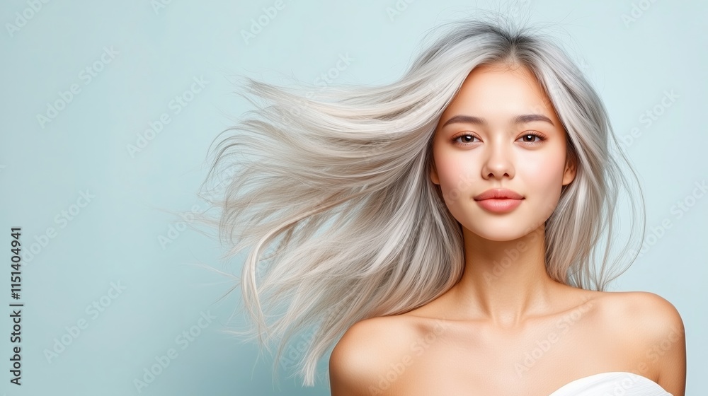 Woman Long Platinum Blonde Hair Flowing Light Blue Background Woman Long Platinum Blonde Hair Flowing Light Blue Background