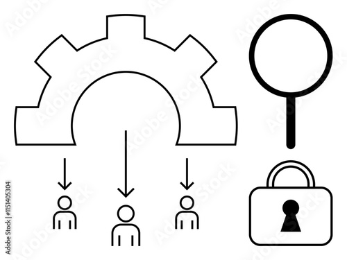 Gear represents systems arrows connecting users indicate data flow towards individuals lock suggests data security magnifying glass symbolizes search functions. Ideal for IT infrastructure