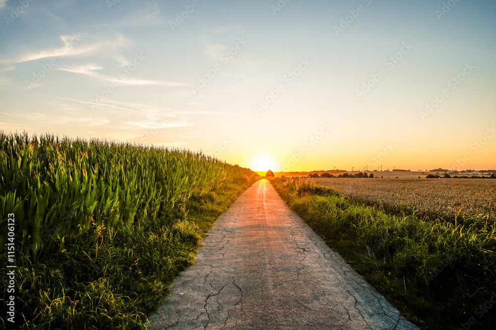 Fototapeta premium Path through the field in the Möhnetal as the sun sets 