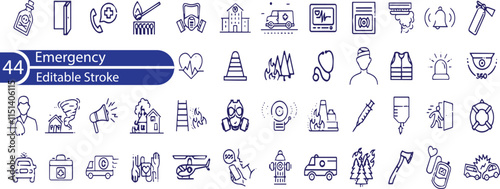 Emergency line editable icon set. Vector illustration in thin line style of warning icons: accidents, natural disasters, rescue services, and emergency signals.