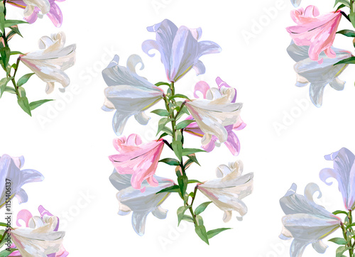 Seamless pattern with a lily branch drawn with colored pencils and markers