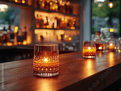 A dimly lit bar counter with glowing whiskey glasses creates a warm and inviting atmosphere. The blurred background showcases shelves filled with liquor bottles adding depth to the cozy ambiance.