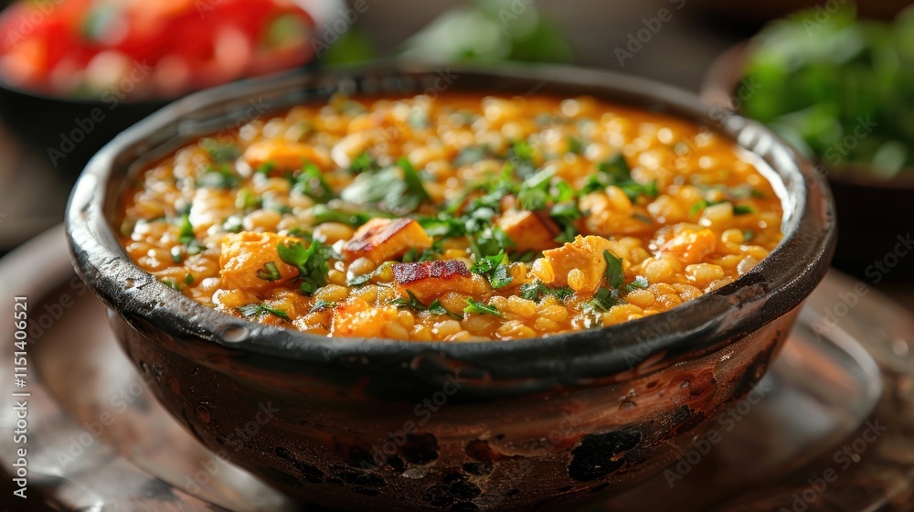 Tasty lentil soup with pumpkin on wooden table, closeup