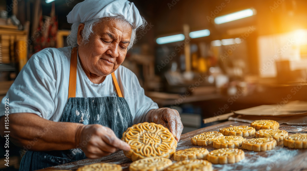 Chinese New Year concept, An elderly woman skillfully prepares traditional cookies in a warmly lit kitchen, showcasing her culinary talent and passion for baking. Chinese New Year concept, An elderly woman skillfully prepares traditional cookies in a warmly lit kitchen, showcasing her culinary talent and passion for baking.