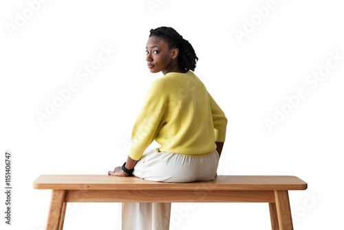 Woman sitting png on a bench rear view