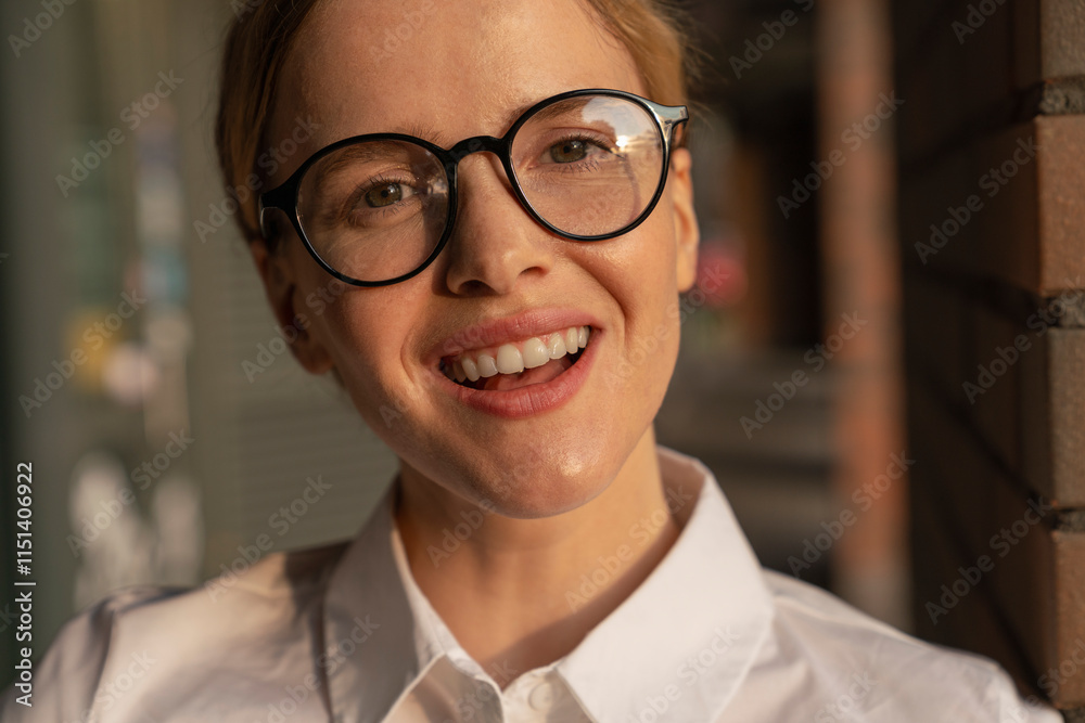 Happy beautiful businesswoman wearing eyeglasses Happy beautiful businesswoman wearing eyeglasses