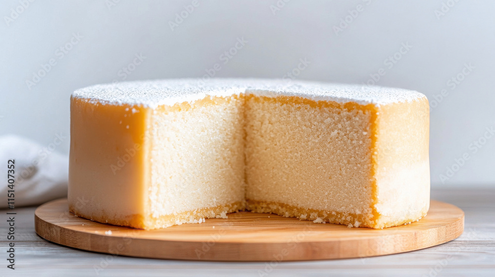 Chinese New Year concept, A delicious, soft cake with a light glaze, partially sliced, presented on a wooden board against a neutral background. Chinese New Year concept, A delicious, soft cake with a light glaze, partially sliced, presented on a wooden board against a neutral background.