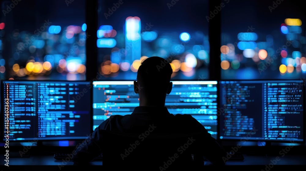 A silhouette of a person working on multiple computer screens, displaying code, with a vibrant city skyline illuminated at night in the background. A silhouette of a person working on multiple computer screens, displaying code, with a vibrant city skyline illuminated at night in the background.