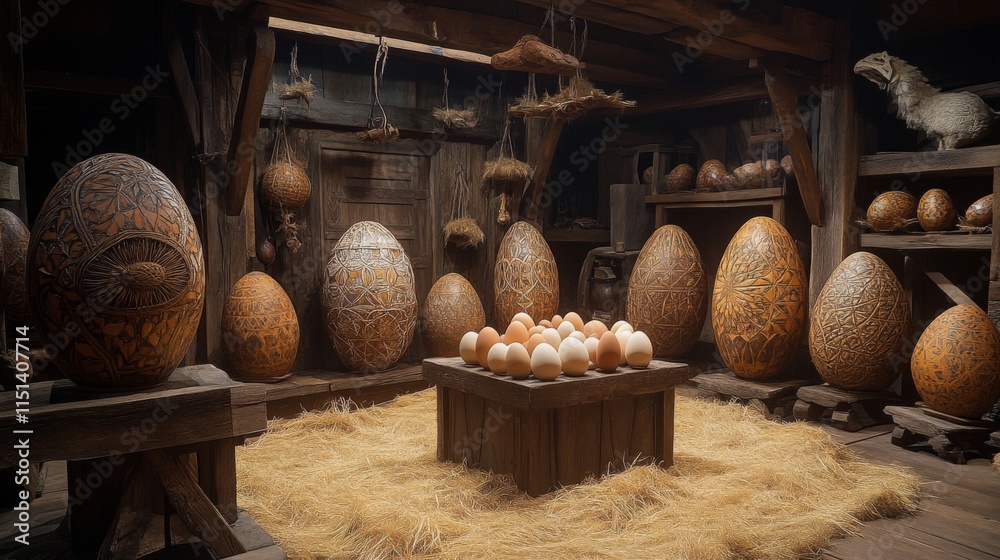 Fototapeta premium Intricately Carved Eggs Adorn Rustic Wooden Room
