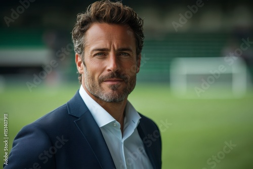 Football club coach or director in stadium with slightly blurred background with green soccer field in background with space for text photo