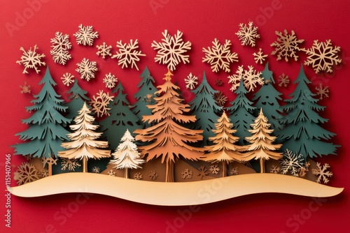 This beautifully crafted holiday card features a beautifully cut-out tree and snowflakes set against a warm red background, evoking a festive atmosphere.