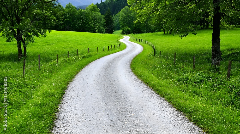 Serene Winding Gravel Road Through Lush Green Fields and Trees Serene Winding Gravel Road Through Lush Green Fields and Trees