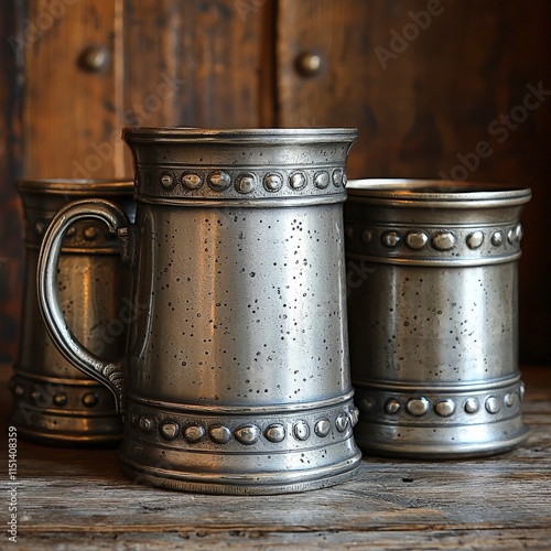 Three antique pewter tankards or mugs stand on a weathered wooden table. The textured metal gleams with a warm, aged patina.