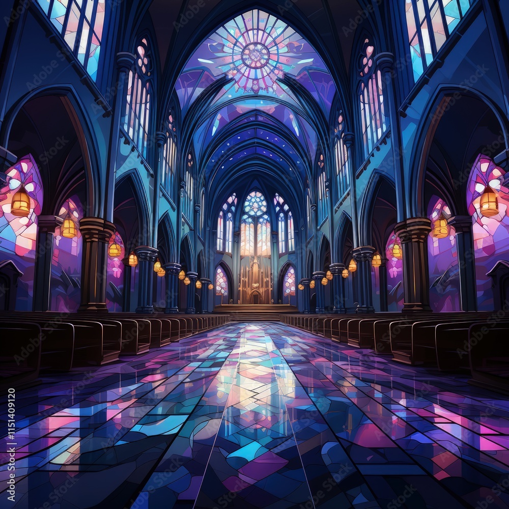 Stunning Interior of a Cathedral with Vibrant Stained Glass Windows Stunning Interior of a Cathedral with Vibrant Stained Glass Windows
