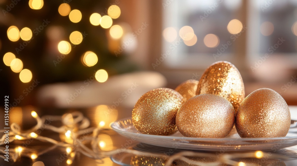 Fototapeta premium Golden glitter ornaments rest on plate near lights