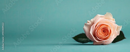 Pastel rose concept. A beautiful peach rose on a turquoise background, symbolizing love and elegance. photo