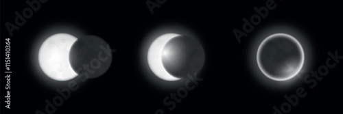 Illustration of the cycles of eclipses of the sun. Space. Vector on black background.