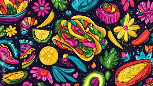 Wallpaper Mural Vibrant Fiesta: A Colorful Celebration of Mexican Food and Flowers Torontodigital.ca