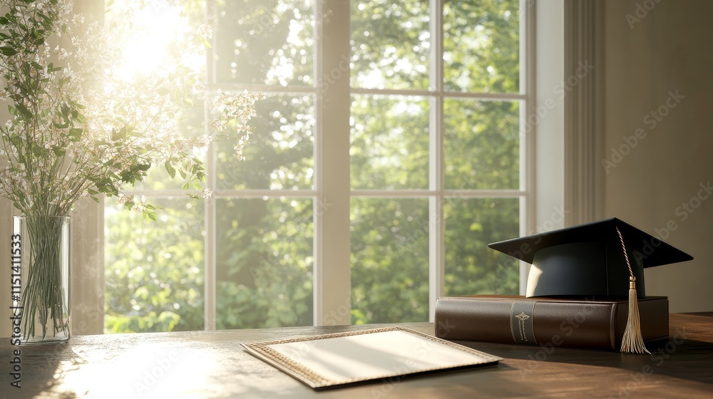 Fototapeta premium Academic Achievement - Black Graduation Cap and Diplomas on Desk Near Sunlit Window with Garden View, Photorealistic Scene