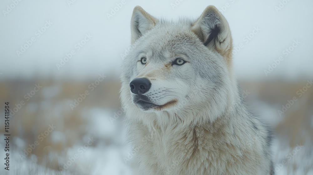 Obraz premium Majestic arctic wolf portrait in snowy winter landscape.