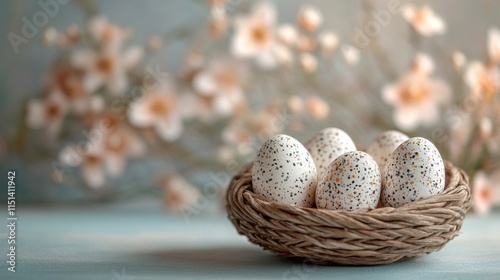 Speckled Easter Eggs Nestled In A Woven Nest photo