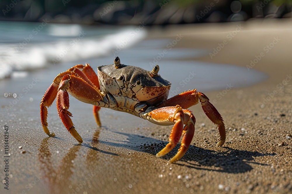 Closeup of a red crab with claws on the beach Closeup of a red crab with claws on the beach