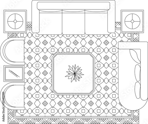 vector sketch, silhouette illustration, interior design drawing, family room layout plan seen from above.eps