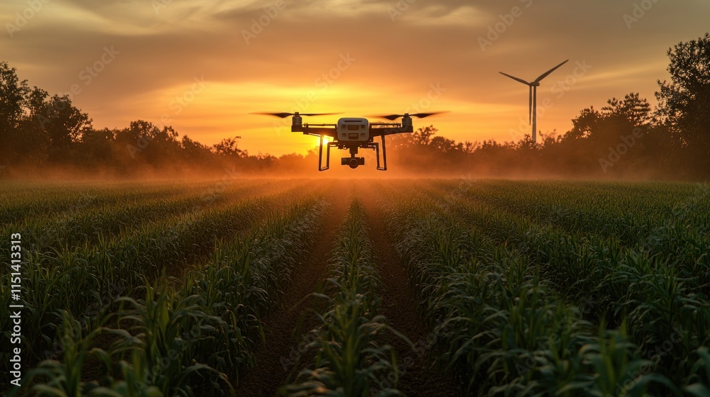 Drone spraying crops at sunset. (2) Drone spraying crops at sunset. (2)