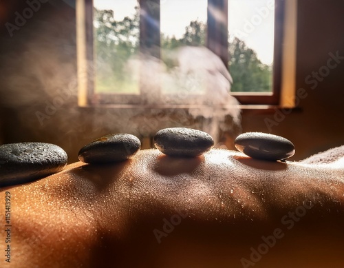 Smooth massage stones lined up on someone's back, with gentle steam in the background and filtered natural light photo