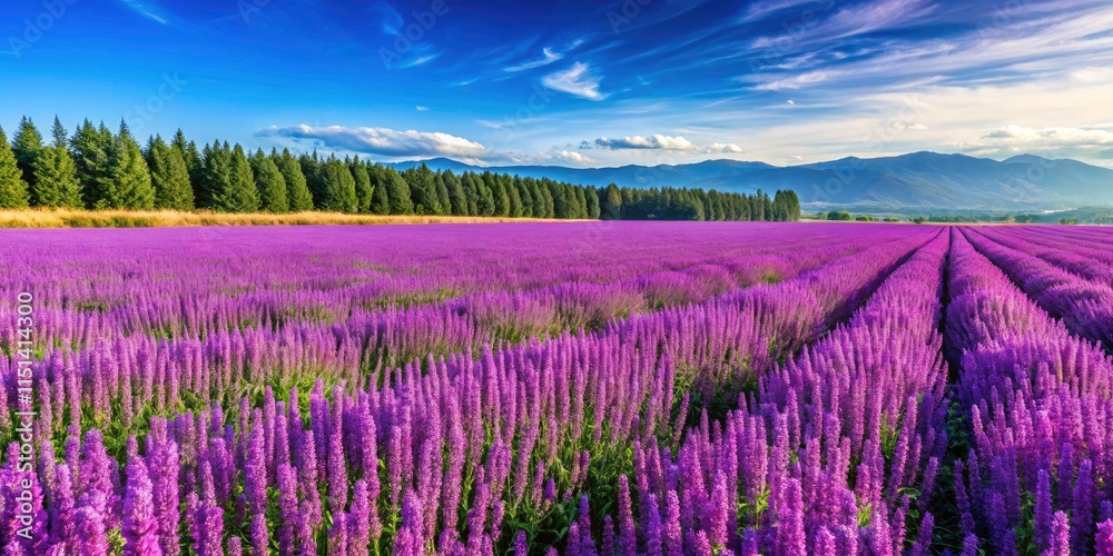 Naklejka premium Panoramic Chia Crop Purple Flower Bloom Garden Photography - Stunning Landscape Image