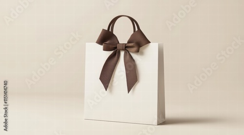 A white gift bag mockup, rectangular in shape with a dark brown ribbon handle on the front, on a clean background