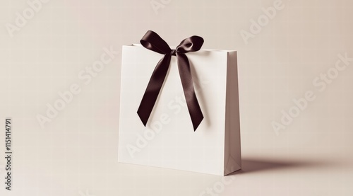 A white gift bag mockup, rectangular in shape with a dark brown ribbon handle on the front, on a clean background. 