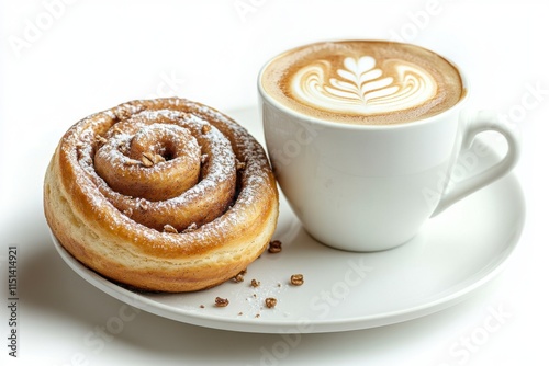 A cinnamon roll and a latte coffee on a white plate