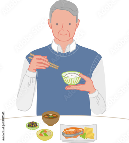 食事をする笑顔のシニア男性（ひとり暮らし）