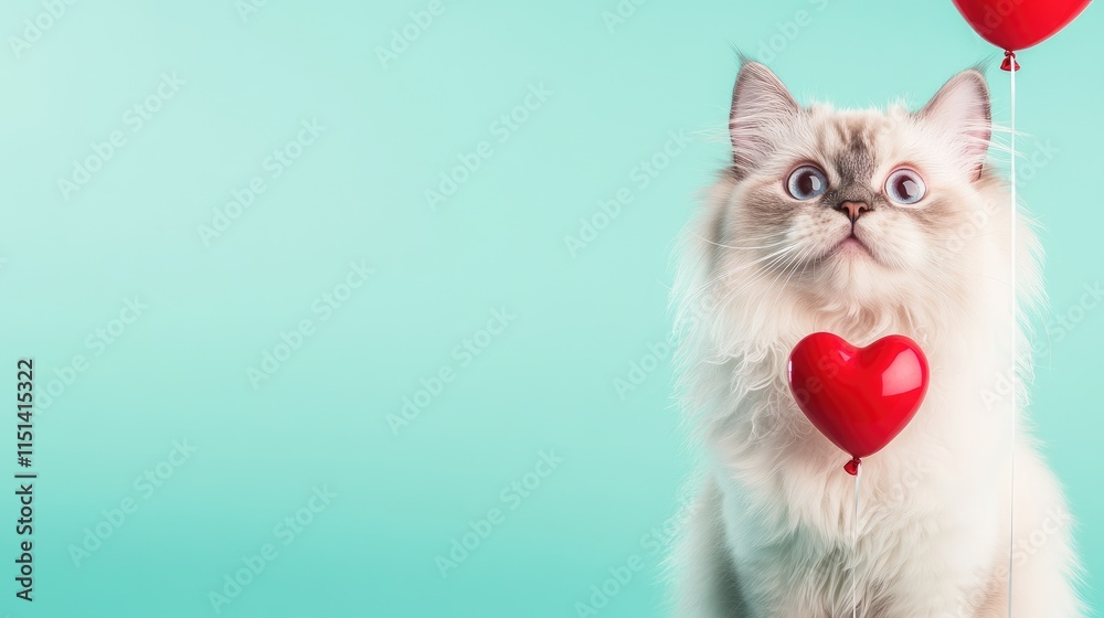 Valentine's Day Card Template with White Persian Cat and Heart Balloons Valentine's Day Card Template with White Persian Cat and Heart Balloons