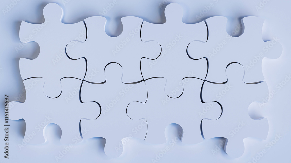 3D White Puzzle Pieces Joined Together, Representing Unity and Collaboration on a Clean White Background